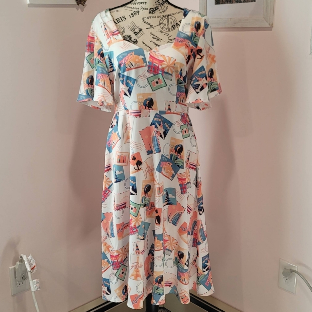 Voodoo Vixen flutter sleeve postcard dress